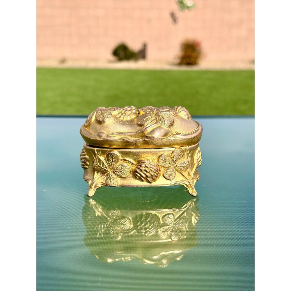 Antique Art Nouveau Pine Cone & Clover Jewelry Box Casket Gilded Cast Metal 1920